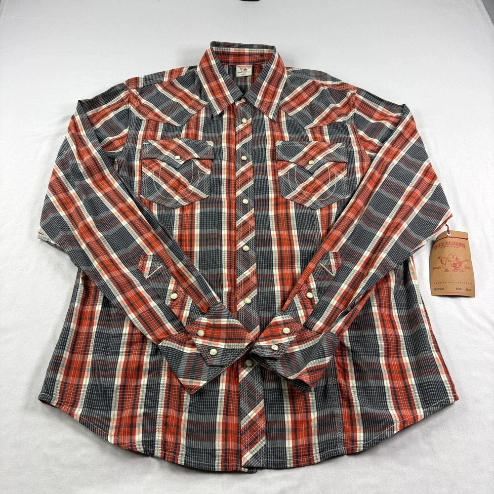 True Religion Western Shirt Mens 3XL Orange Plaid Pearl Snap Up Long Sleeve‎ NEW